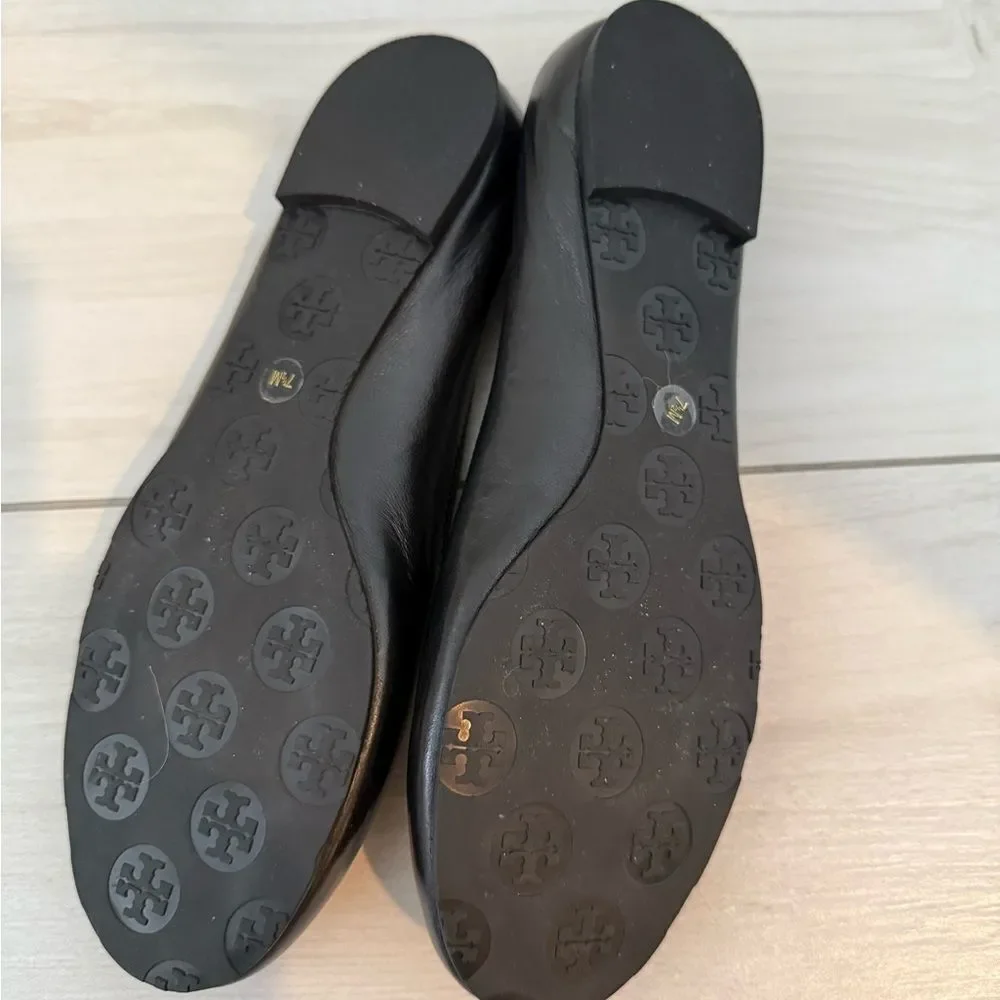 Tory Burch Black Leather Flats with Gold Emblem